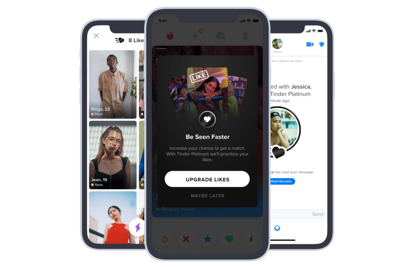 three phones showing different screens of tinder platinum